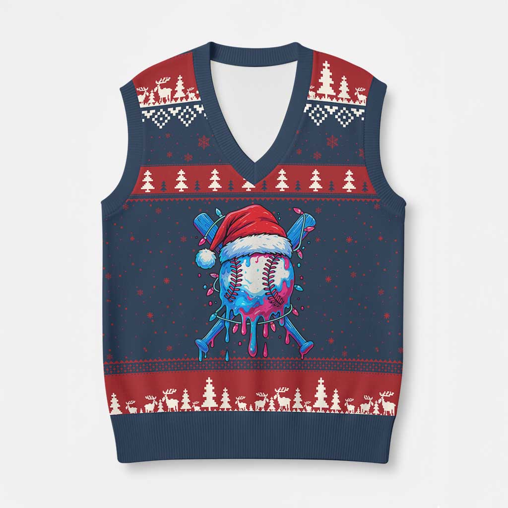 Xmas Baseball Ice Cream Drip V-Neck Knit Sweater Vest Santa Sports Xmas Light Boys Sprinkles Baseball Bat TS10 Navy Red Print Your Wear