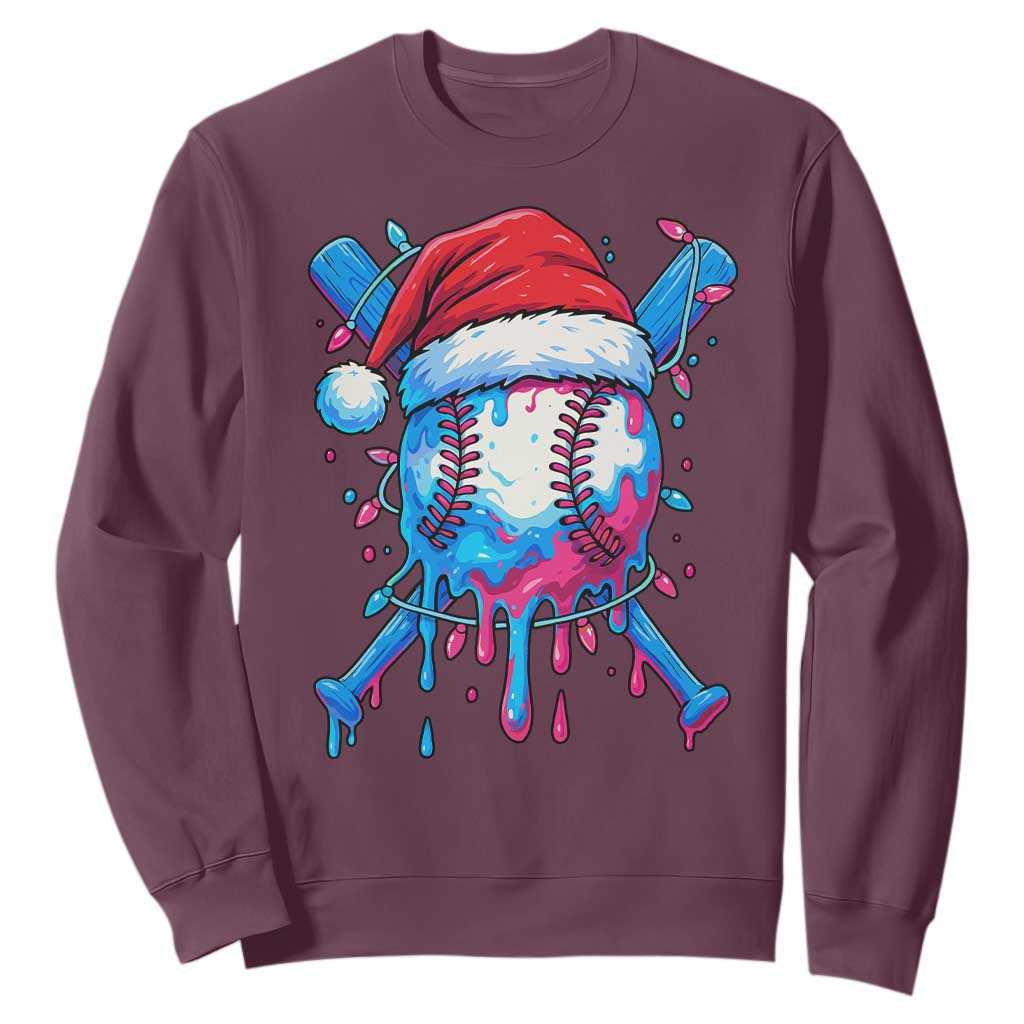 Christmas Baseball Ice Cream Drip Sweatshirt Santa Sports Xmas Light Boys Sprinkles Baseball Bat TS10 Maroon Print Your Wear