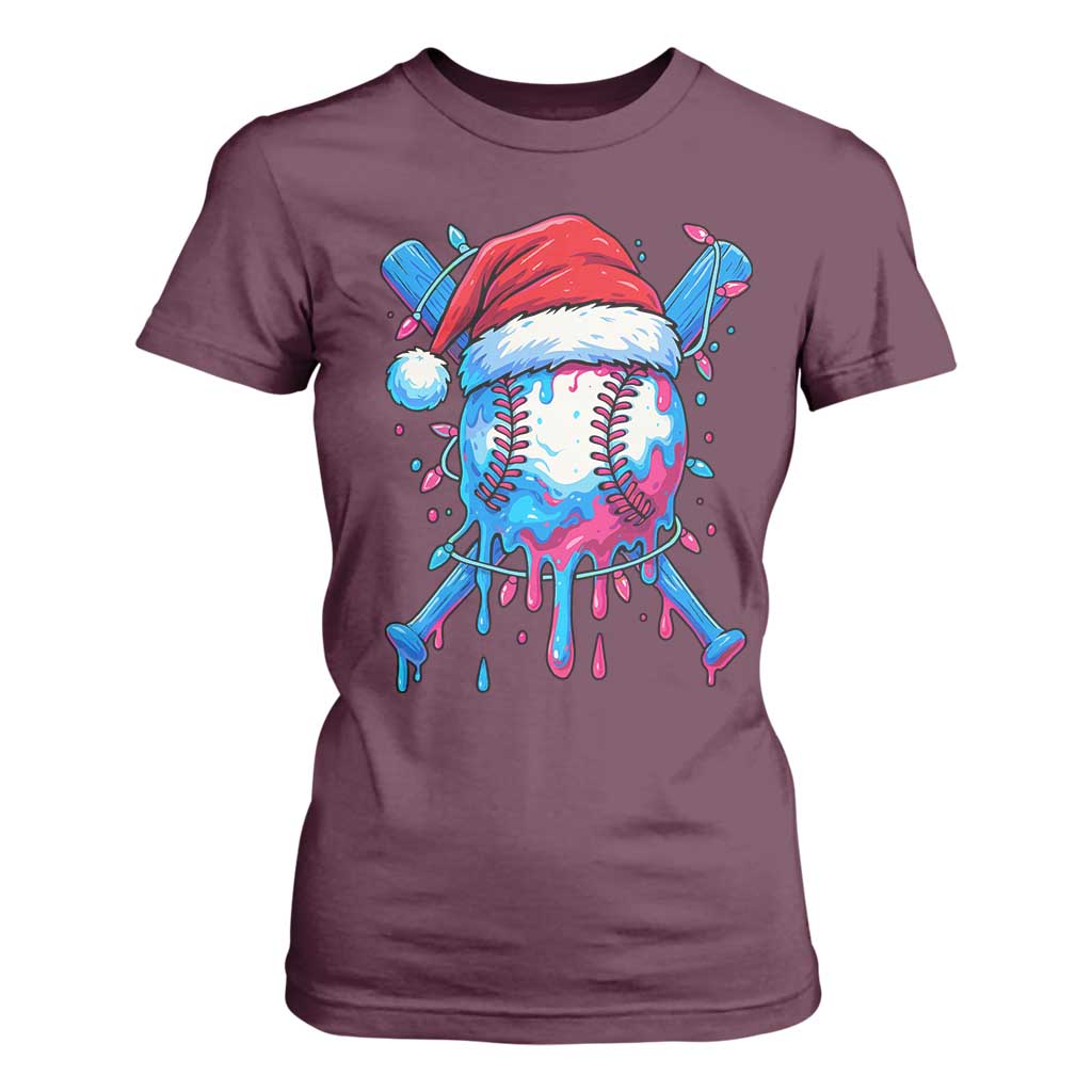 Christmas Baseball Ice Cream Drip T Shirt For Women Santa Sports Xmas Light Boys Sprinkles Baseball Bat TS10 Maroon Print Your Wear