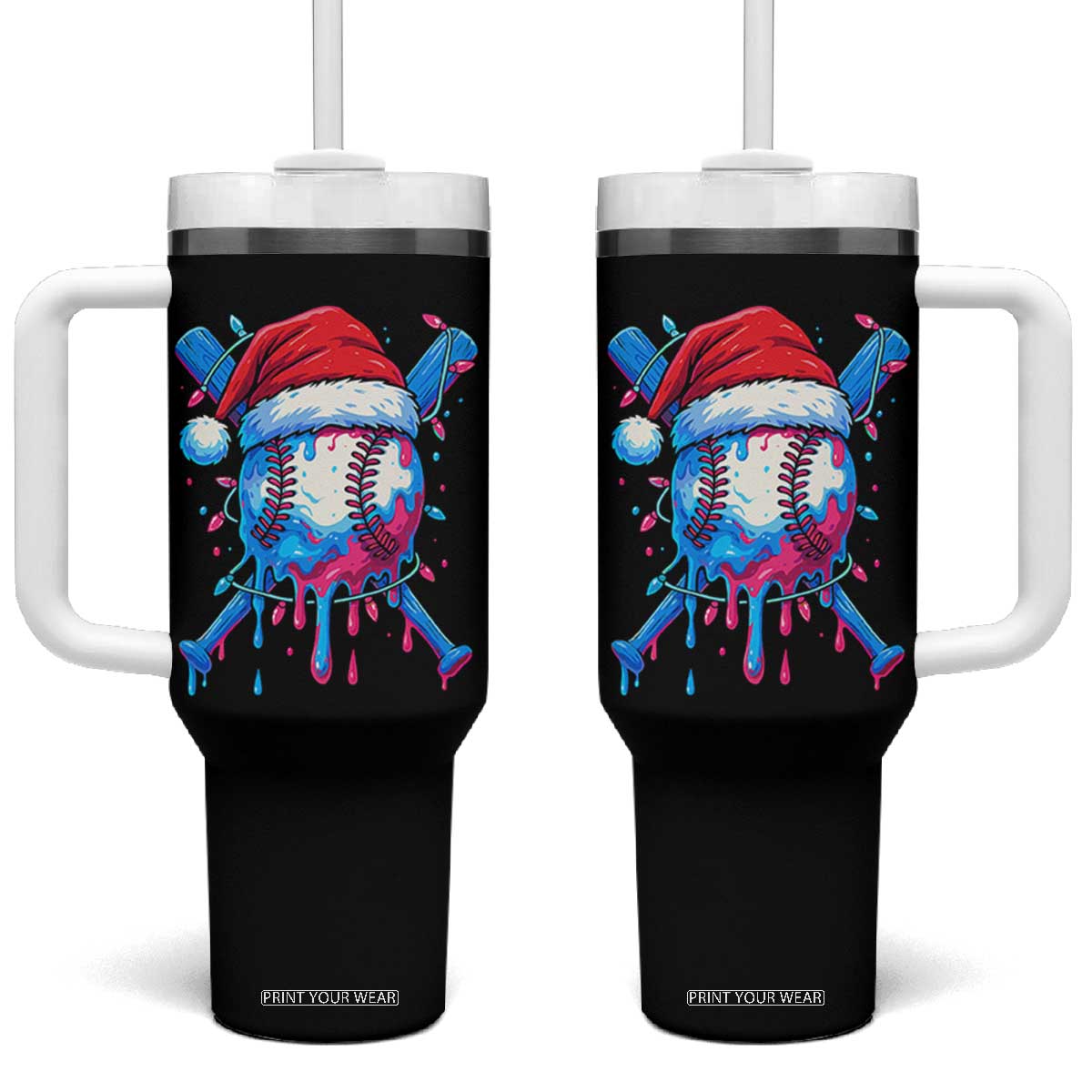 Christmas Baseball Ice Cream Drip Tumbler With Handle Santa Sports Xmas Light Boys Sprinkles Baseball Bat TS10 One Size: 40 oz Black Print Your Wear