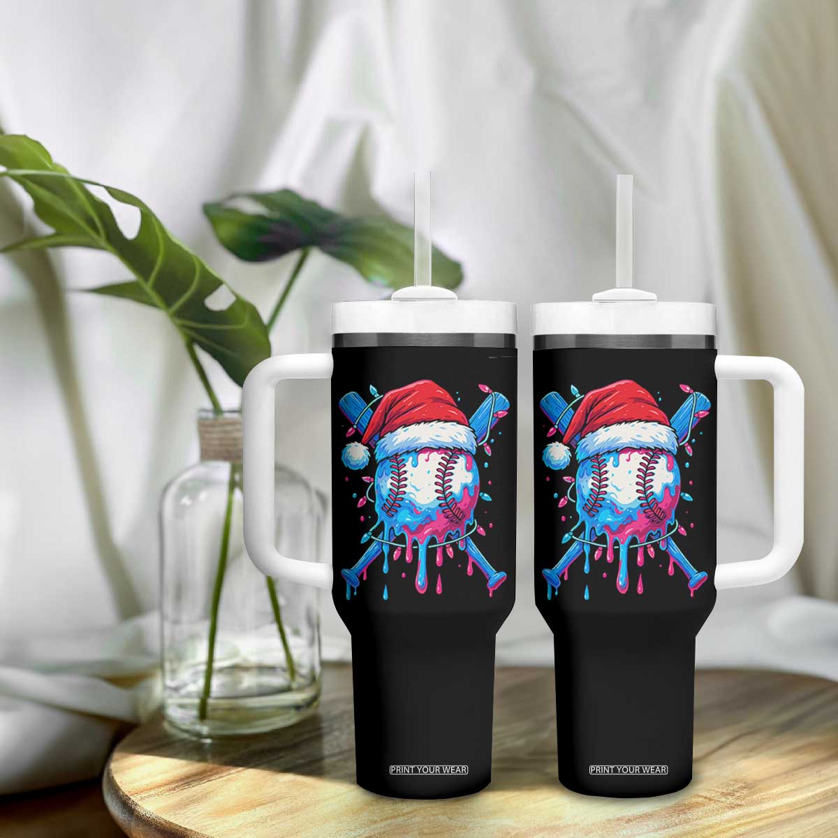 Christmas Baseball Ice Cream Drip Tumbler With Handle Santa Sports Xmas Light Boys Sprinkles Baseball Bat TS10 Print Your Wear