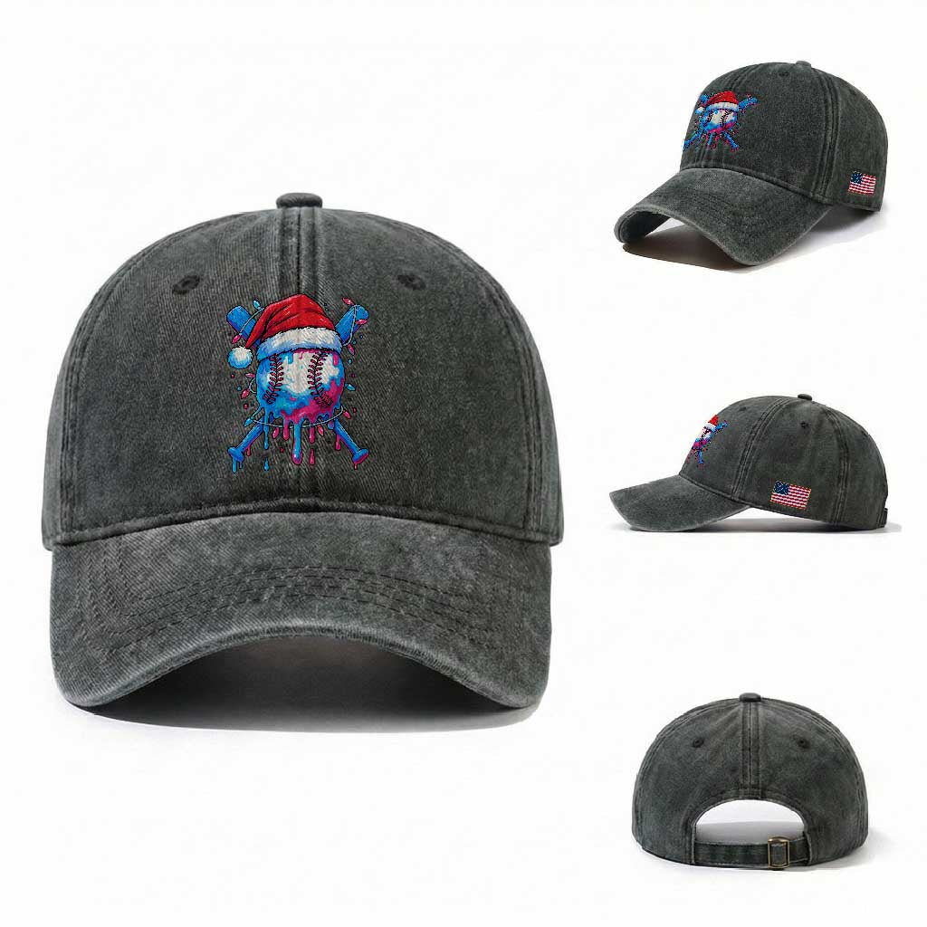 Christmas Baseball Ice Cream Drip Washed Cotton Baseball Cap Santa Sports Xmas Light Boys Sprinkles Baseball Bat TS10 Washed Cap Universal Fit Dark Green Print Your Wear