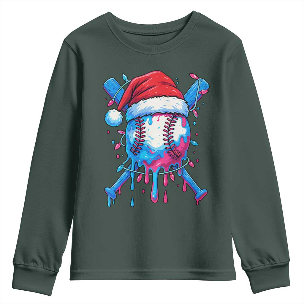 Christmas Baseball Ice Cream Drip Youth Sweatshirt Santa Sports Xmas Light Boys Sprinkles Baseball Bat TS10 Dark Forest Green Print Your Wear