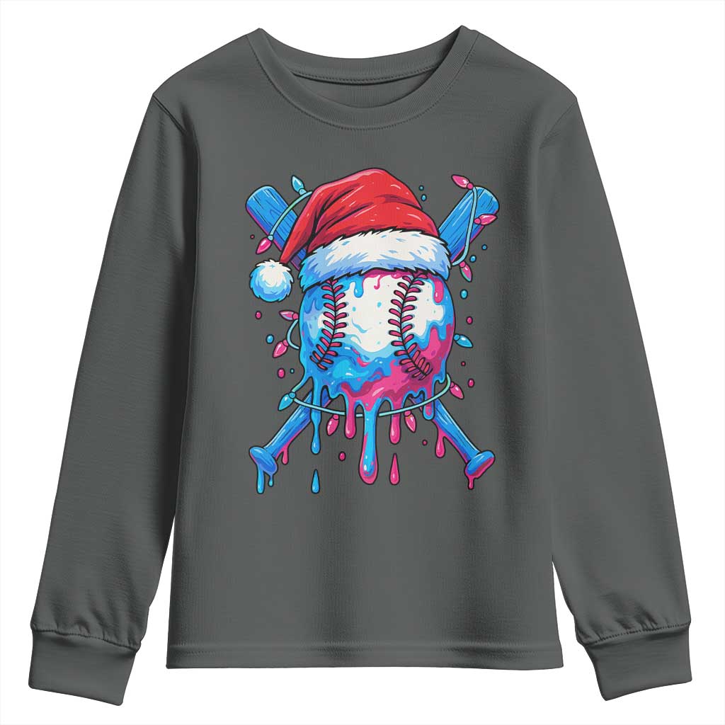 Christmas Baseball Ice Cream Drip Youth Sweatshirt Santa Sports Xmas Light Boys Sprinkles Baseball Bat TS10 Dark Heather Print Your Wear