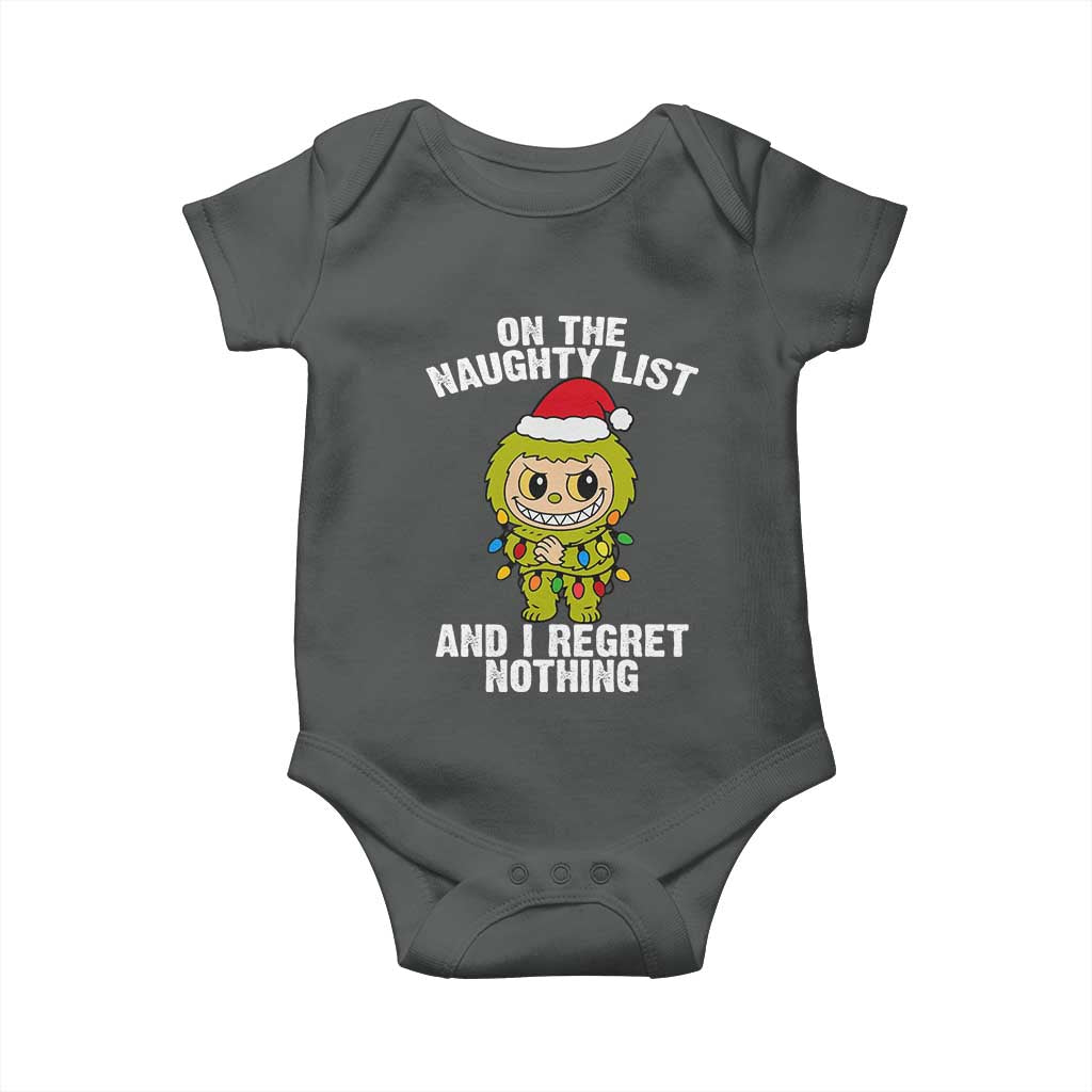 Funny Christmas Baby Onesie On the Naughty List I Regret Nothing Kawaii Bubu TS10 Dark Heather Print Your Wear