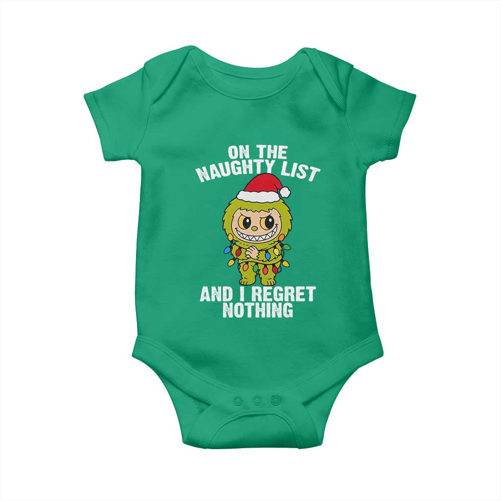 Funny Christmas Baby Onesie On the Naughty List I Regret Nothing Kawaii Bubu TS10 Irish Green Print Your Wear