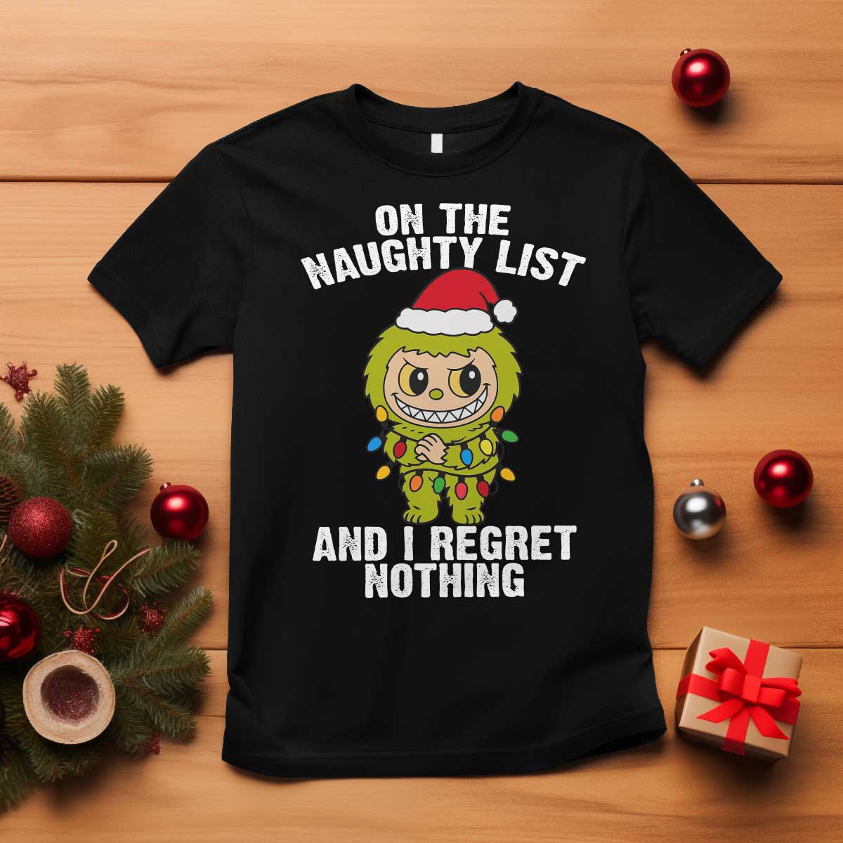 Funny Christmas T Shirt On the Naughty List I Regret Nothing Kawaii Bubu TS10 Black Print Your Wear