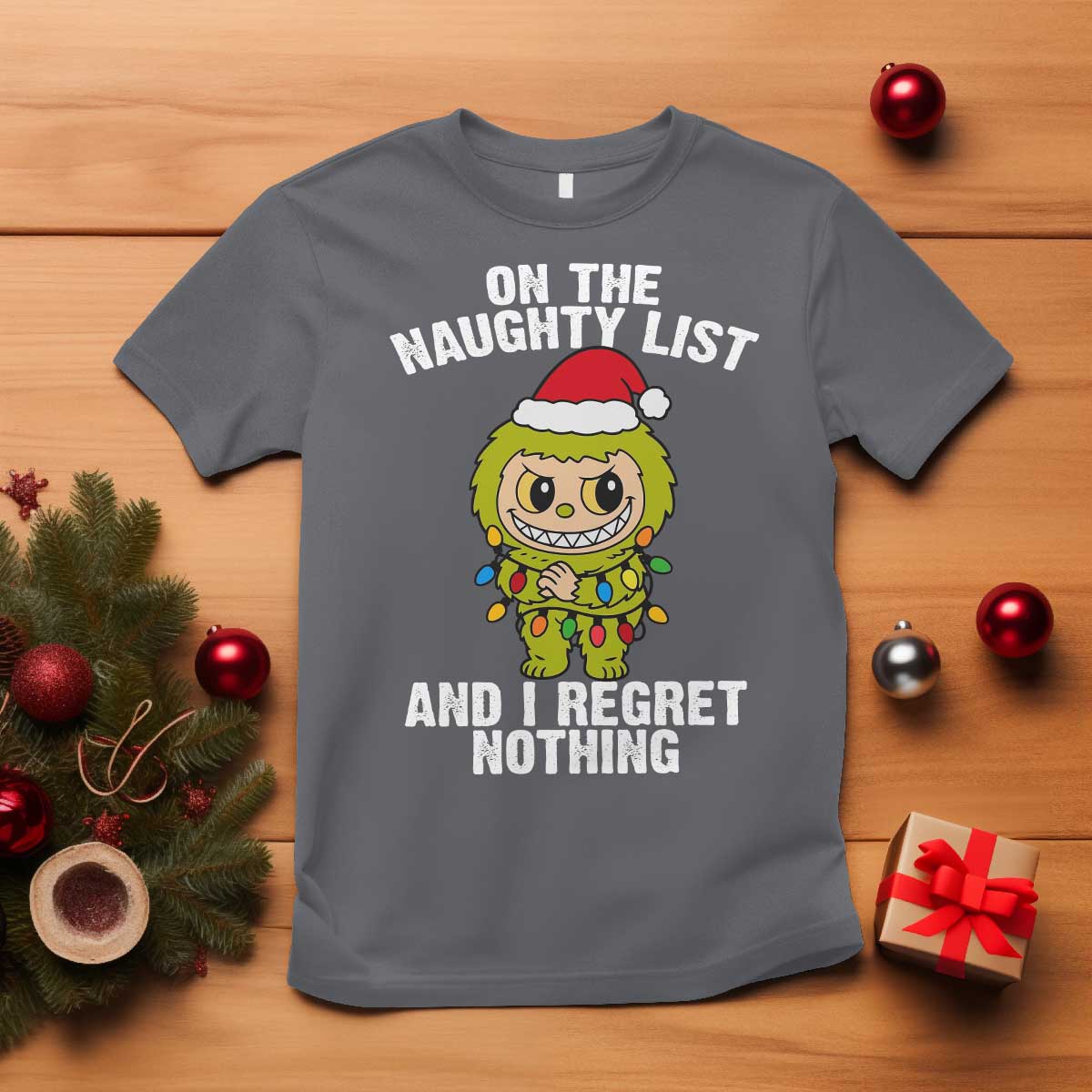 Funny Christmas T Shirt On the Naughty List I Regret Nothing Kawaii Bubu TS10 Charcoal Print Your Wear