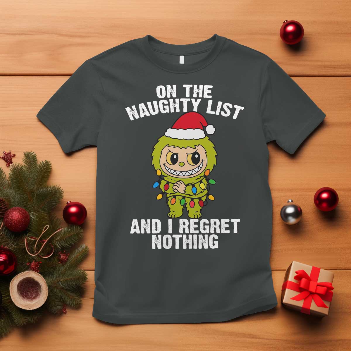 Funny Christmas T Shirt On the Naughty List I Regret Nothing Kawaii Bubu TS10 Dark Heather Print Your Wear