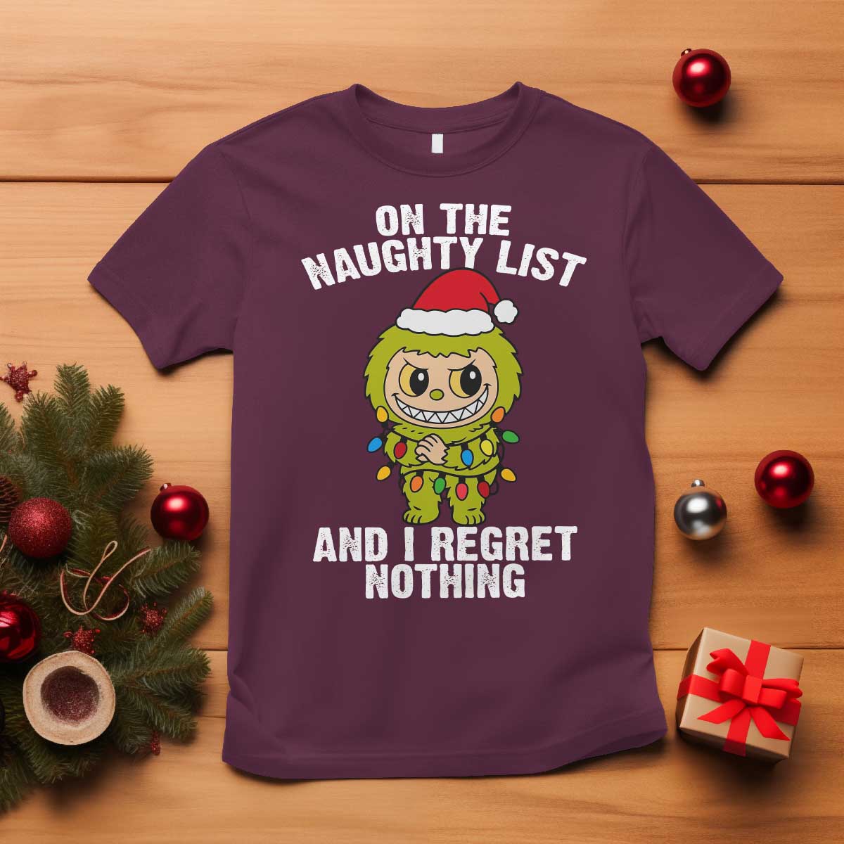 Funny Christmas T Shirt On the Naughty List I Regret Nothing Kawaii Bubu TS10 Maroon Print Your Wear