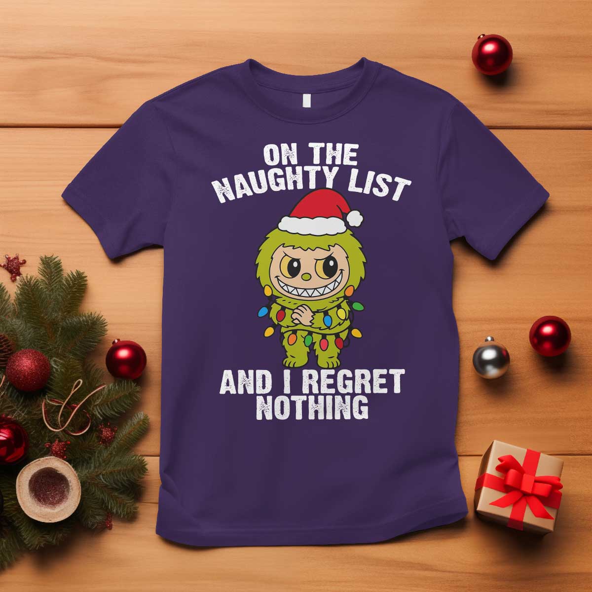 Funny Christmas T Shirt On the Naughty List I Regret Nothing Kawaii Bubu TS10 Purple Print Your Wear