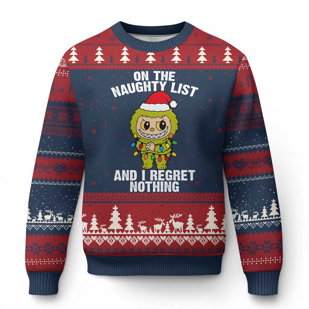 Funny Xmas Ugly Christmas Sweater On the Naughty List I Regret Nothing Kawaii Bubu TS10 Navy Red Print Your Wear