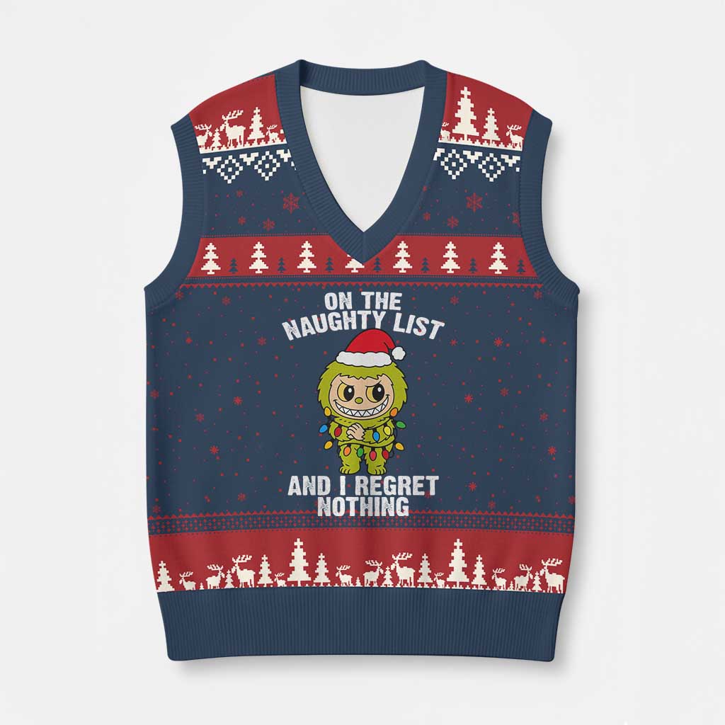 Funny Xmas V-Neck Knit Sweater Vest On the Naughty List I Regret Nothing Kawaii Bubu TS10 Navy Red Print Your Wear
