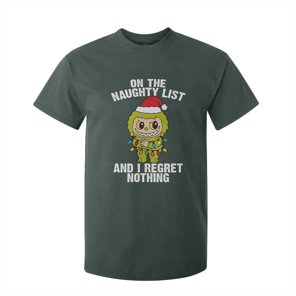 Funny Christmas T Shirt For Kid On the Naughty List I Regret Nothing Kawaii Bubu TS10 Dark Forest Green Print Your Wear