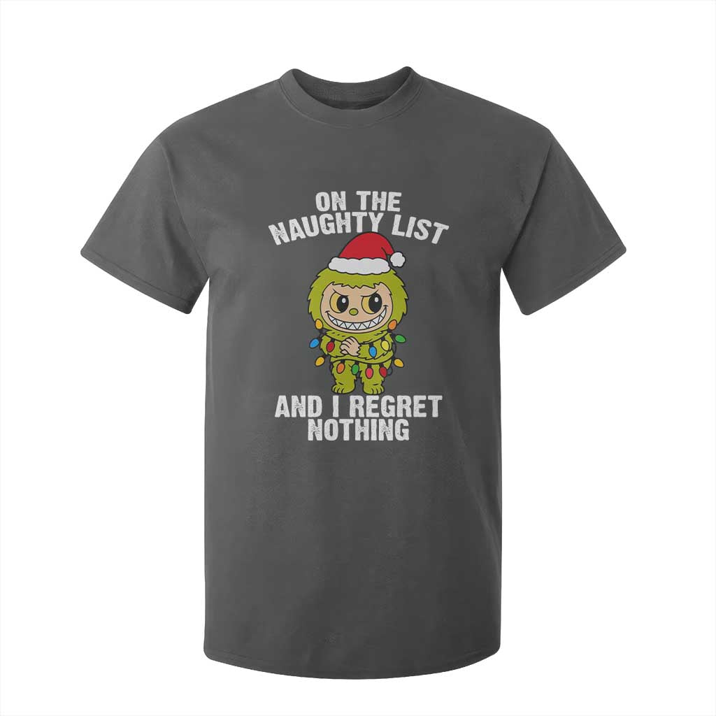 Funny Christmas T Shirt For Kid On the Naughty List I Regret Nothing Kawaii Bubu TS10 Dark Heather Print Your Wear