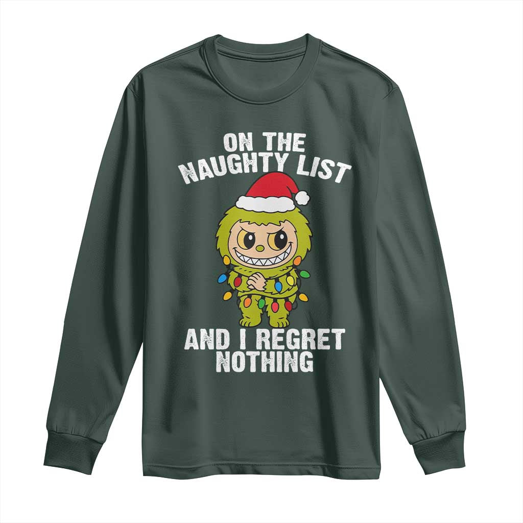 Funny Christmas Long Sleeve Shirt On the Naughty List I Regret Nothing Kawaii Bubu TS10 Dark Forest Green Print Your Wear