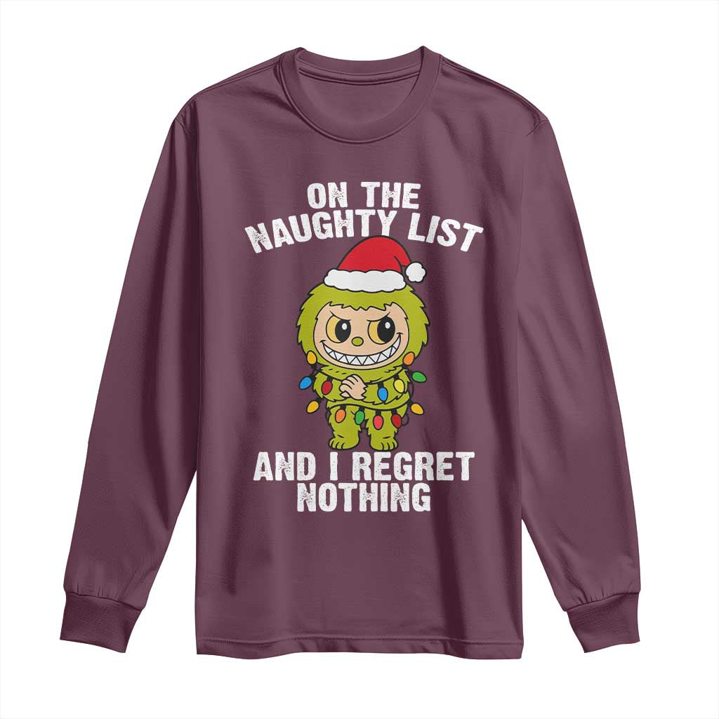 Funny Christmas Long Sleeve Shirt On the Naughty List I Regret Nothing Kawaii Bubu TS10 Maroon Print Your Wear