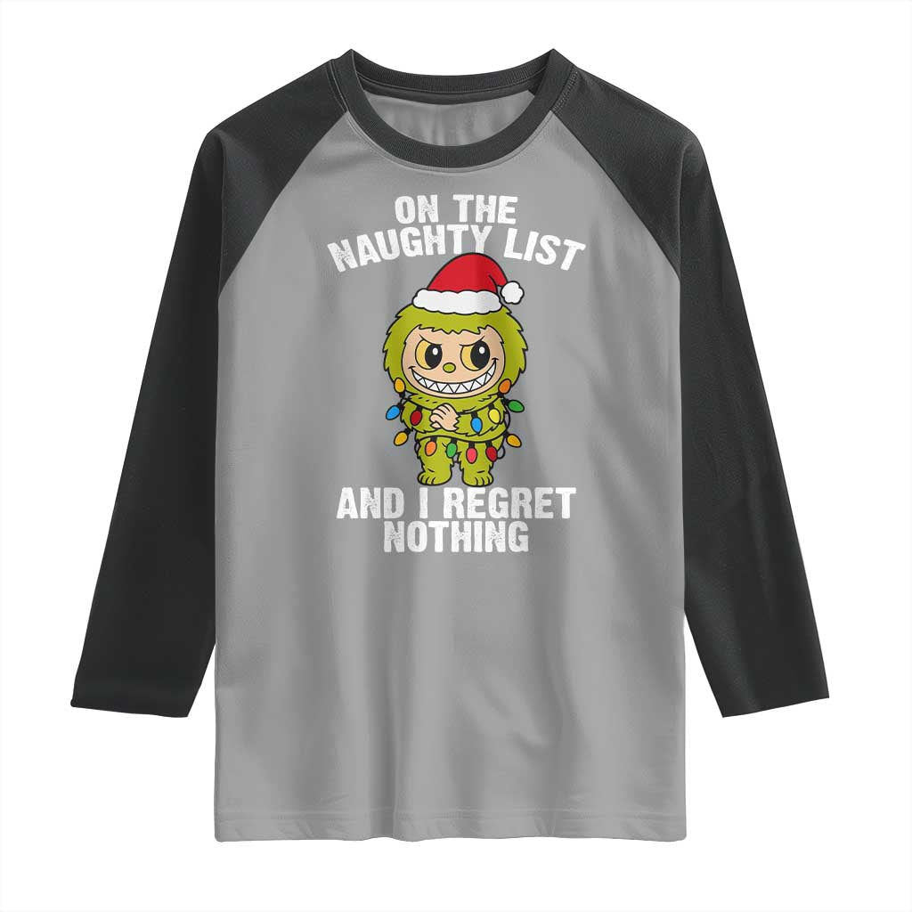 Funny Christmas Raglan Shirt On the Naughty List I Regret Nothing Kawaii Bubu TS10 Sport Gray Black Print Your Wear