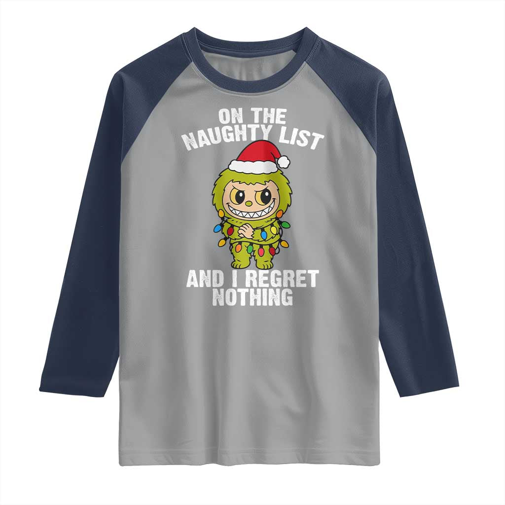 Funny Christmas Raglan Shirt On the Naughty List I Regret Nothing Kawaii Bubu TS10 Sport Gray Navy Print Your Wear