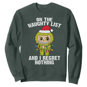 Funny Christmas Sweatshirt On the Naughty List I Regret Nothing Kawaii Bubu TS10 Dark Forest Green Print Your Wear