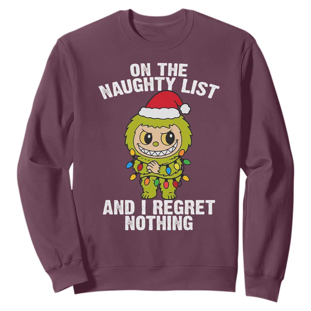 Funny Christmas Sweatshirt On the Naughty List I Regret Nothing Kawaii Bubu TS10 Maroon Print Your Wear