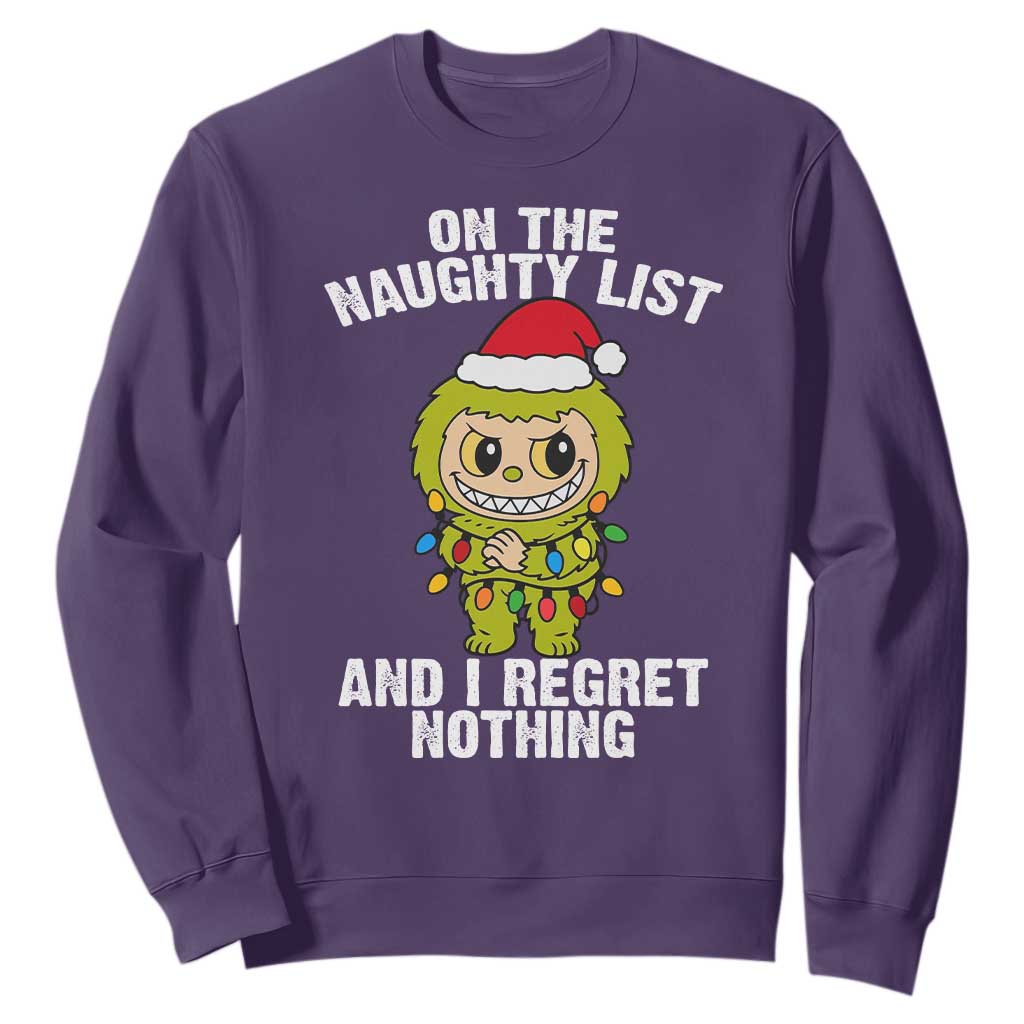 Funny Christmas Sweatshirt On the Naughty List I Regret Nothing Kawaii Bubu TS10 Purple Print Your Wear