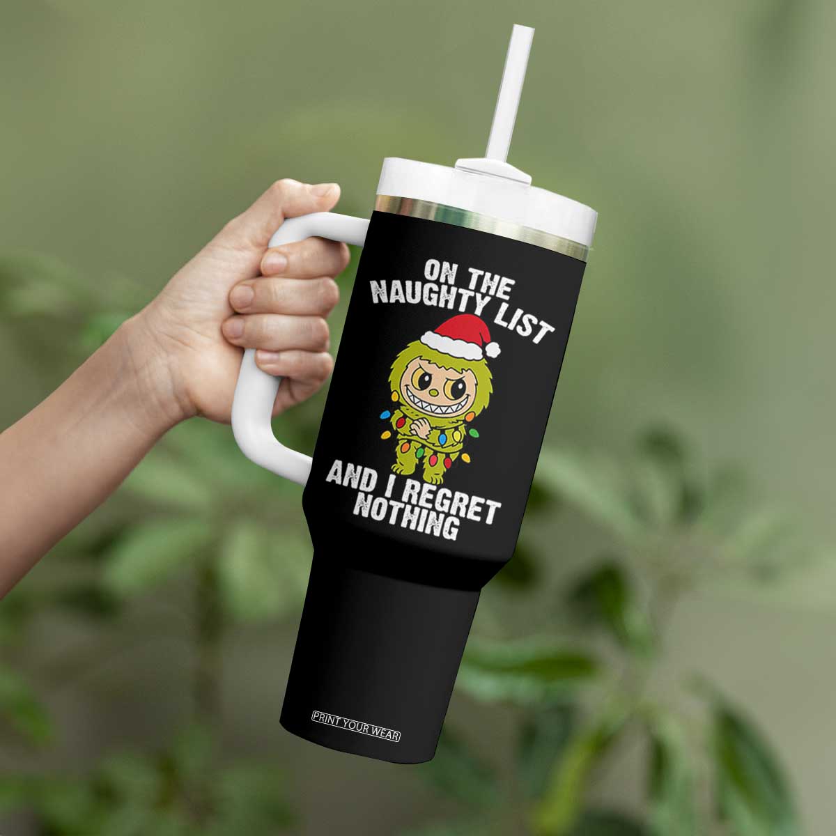Funny Christmas Tumbler With Handle On the Naughty List I Regret Nothing Kawaii Bubu TS10 Print Your Wear