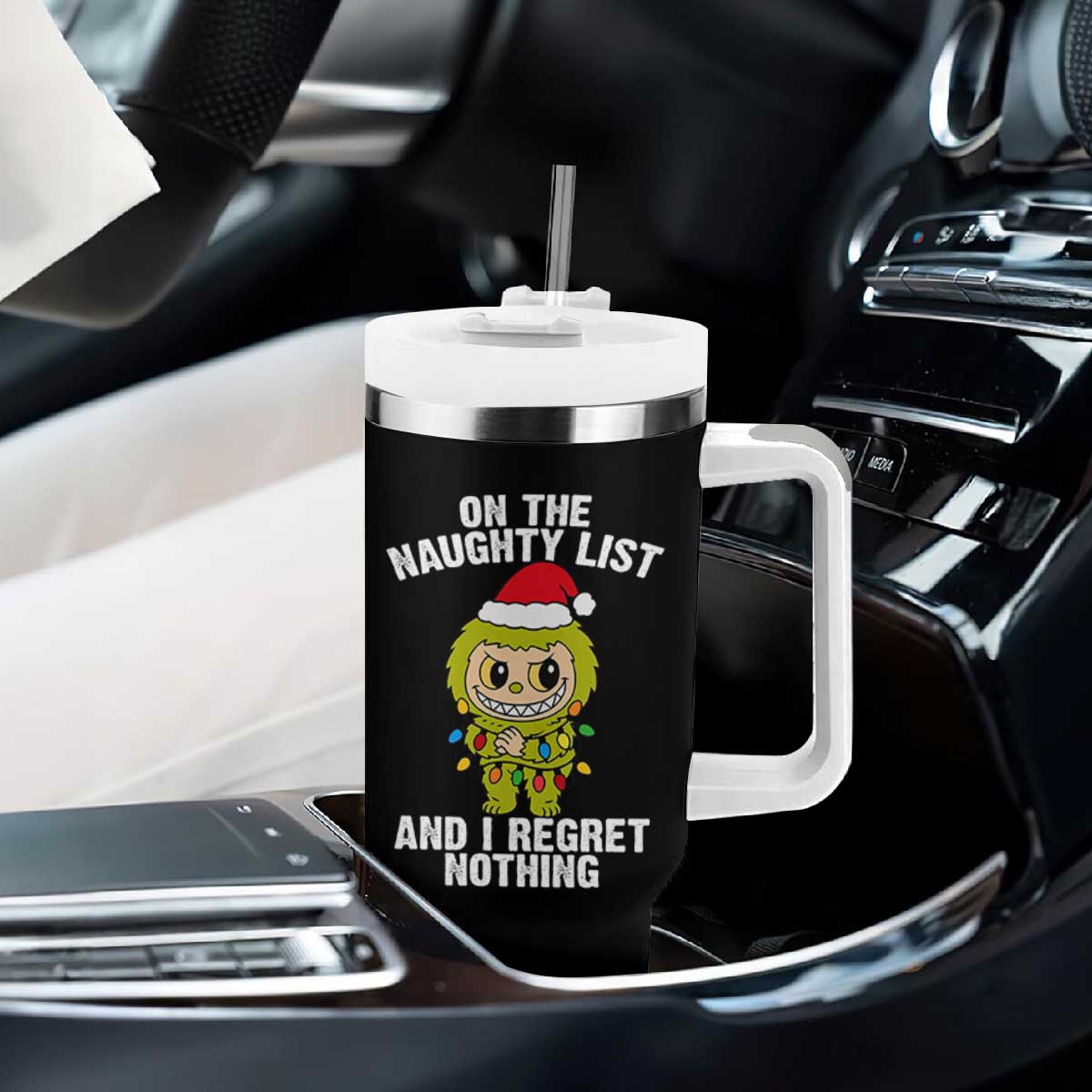 Funny Christmas Tumbler With Handle On the Naughty List I Regret Nothing Kawaii Bubu TS10 Print Your Wear