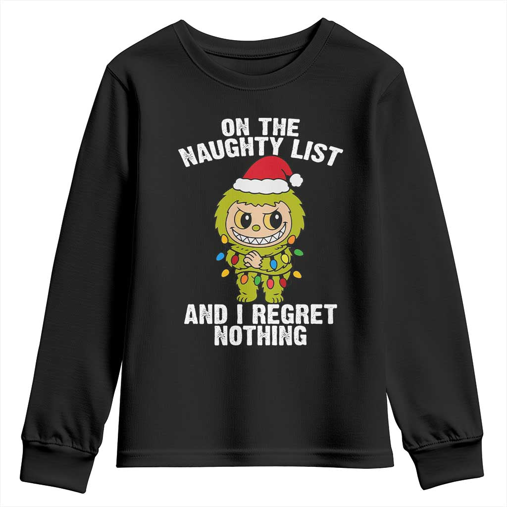 Funny Christmas Youth Sweatshirt On the Naughty List I Regret Nothing Kawaii Bubu TS10 Black Print Your Wear