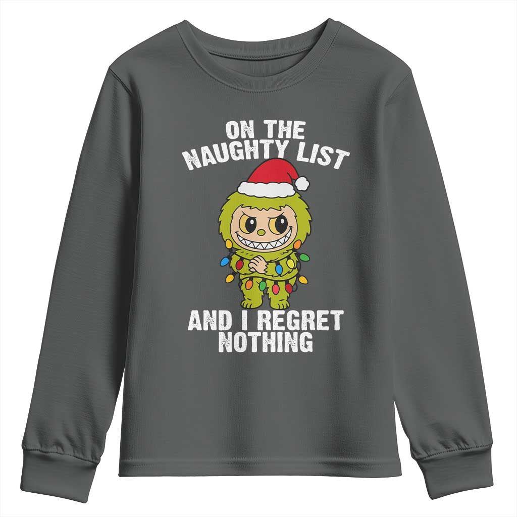 Funny Christmas Youth Sweatshirt On the Naughty List I Regret Nothing Kawaii Bubu TS10 Dark Heather Print Your Wear