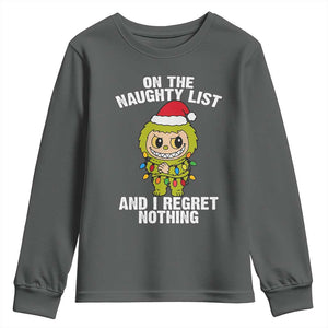 Funny Christmas Youth Sweatshirt On the Naughty List I Regret Nothing Kawaii Bubu TS10 Dark Heather Print Your Wear