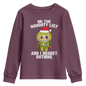 Funny Christmas Youth Sweatshirt On the Naughty List I Regret Nothing Kawaii Bubu TS10 Maroon Print Your Wear