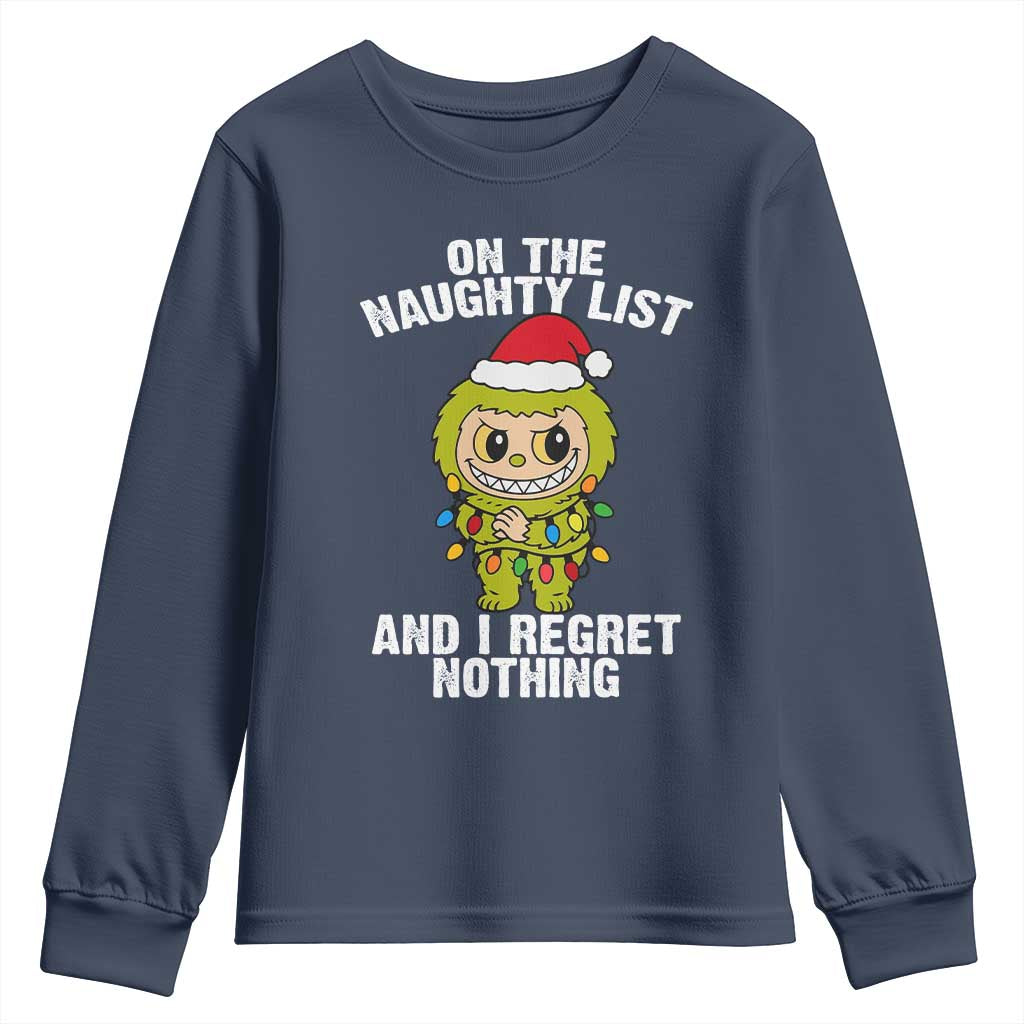 Funny Christmas Youth Sweatshirt On the Naughty List I Regret Nothing Kawaii Bubu TS10 Navy Print Your Wear