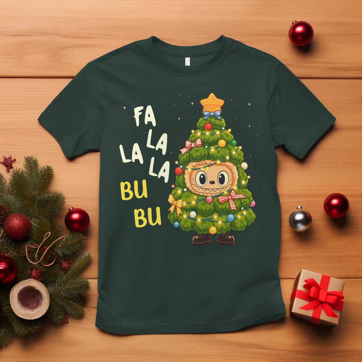 Funny Christmas T Shirt Fa La La La Bu Bu Xmas Song Kawaii Bubu TS10 Dark Forest Green Print Your Wear