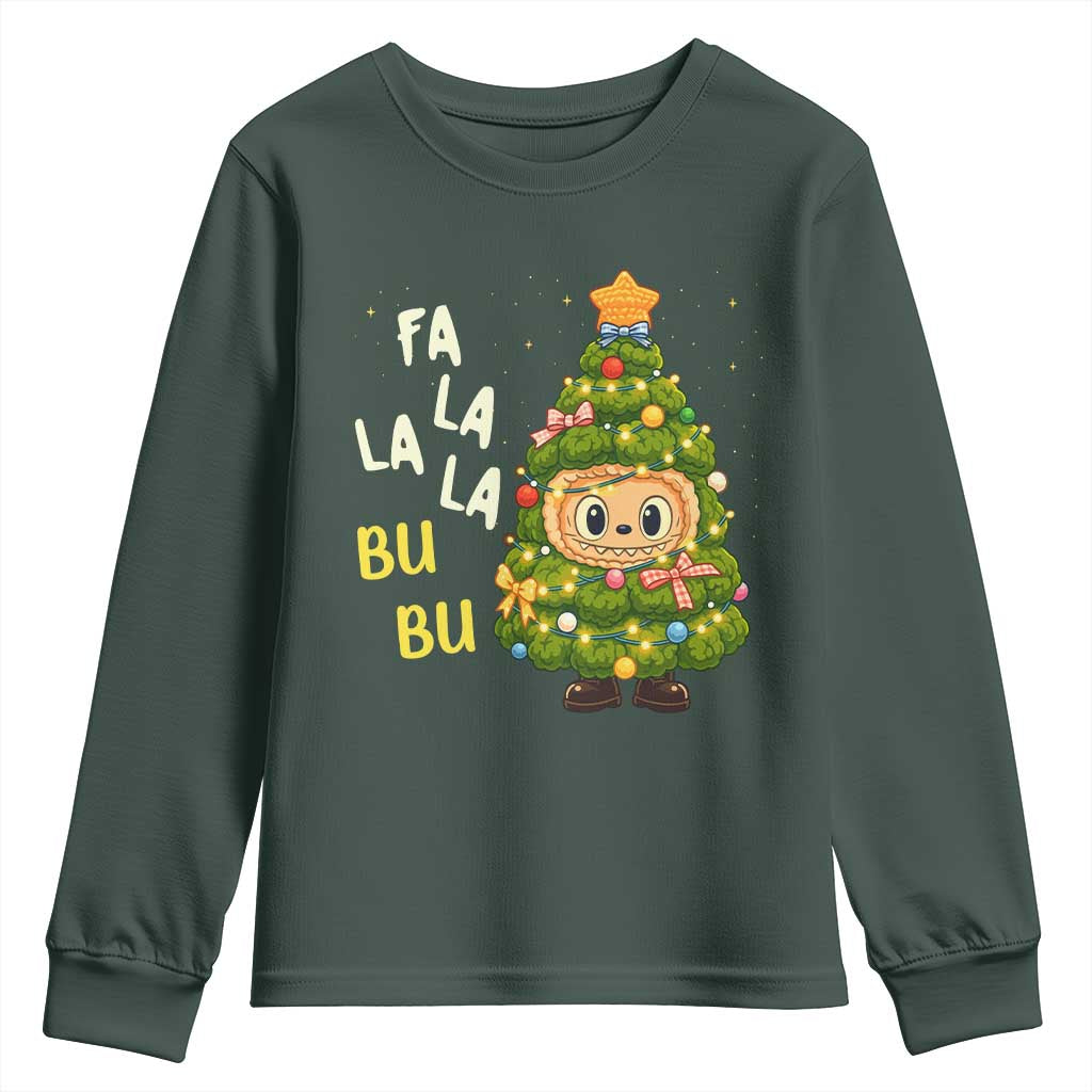 Funny Christmas Youth Sweatshirt Fa La La La Bu Bu Xmas Song Kawaii Bubu TS10 Dark Forest Green Print Your Wear