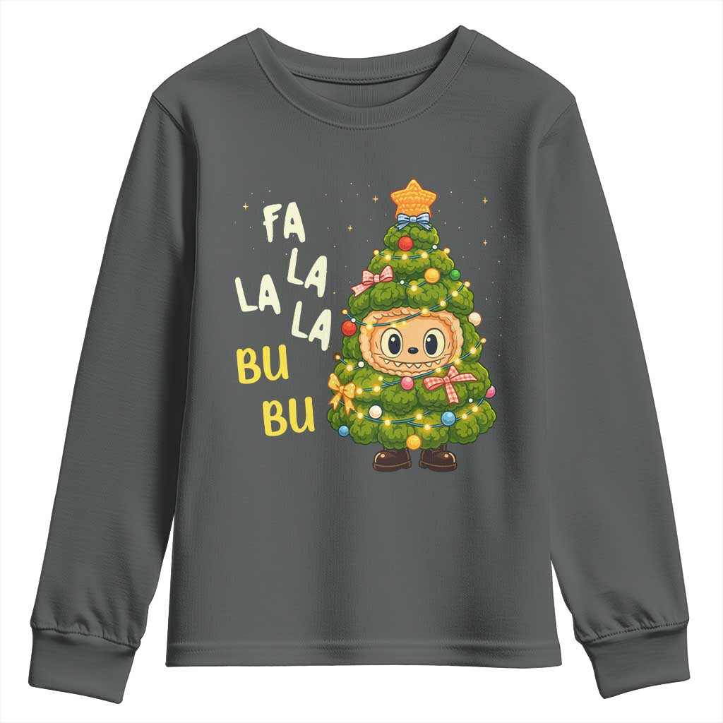 Funny Christmas Youth Sweatshirt Fa La La La Bu Bu Xmas Song Kawaii Bubu TS10 Dark Heather Print Your Wear