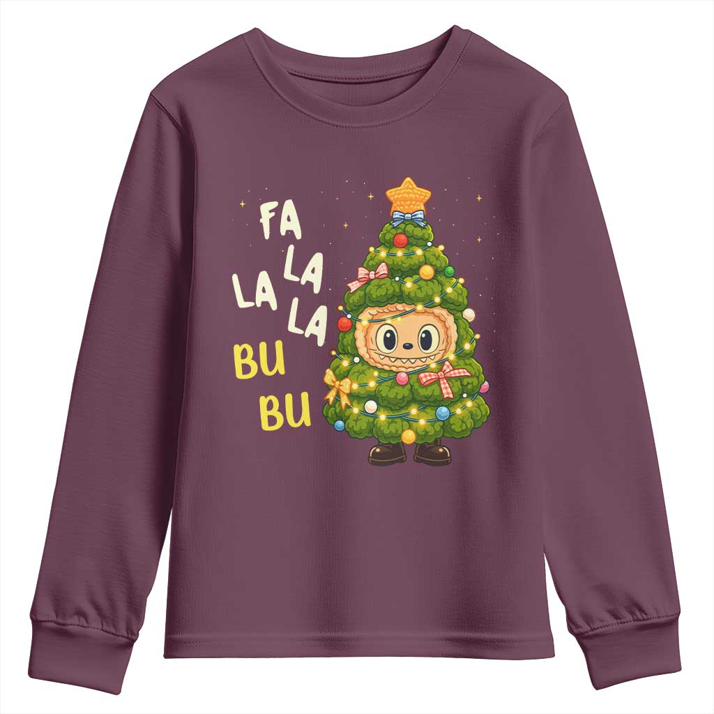 Funny Christmas Youth Sweatshirt Fa La La La Bu Bu Xmas Song Kawaii Bubu TS10 Maroon Print Your Wear