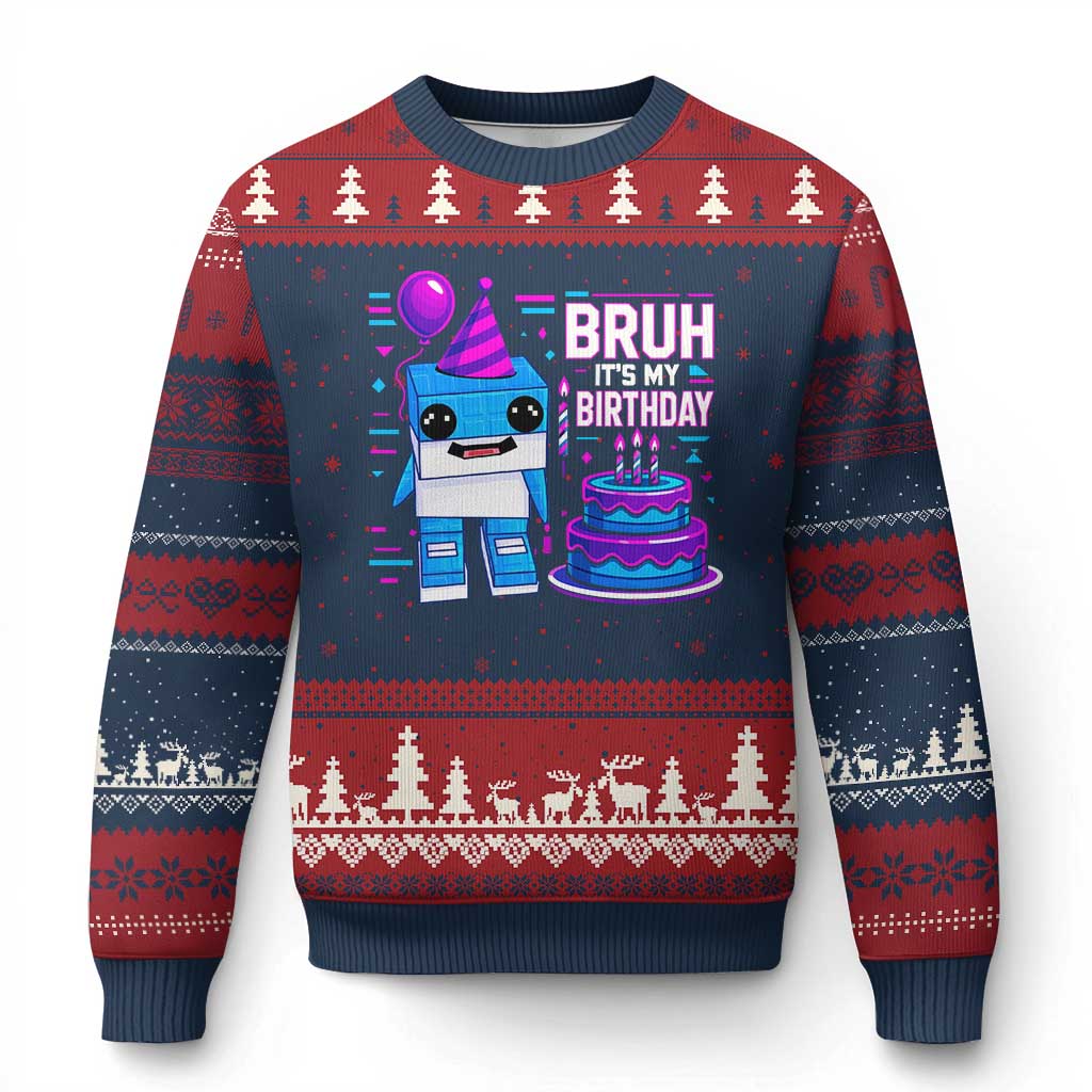 Bruh Its My Birthday Ugly Christmas Sweater Italian Brainrot Meme Family Party Bday Los Tralaleritos TS10 Navy Red Print Your Wear