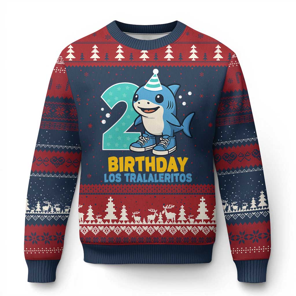 2 Years Old Birthday Brainrot Ugly Christmas Sweater Funny Tralalero Tralala Los Tralaleritos Meme Shark TS10 Navy Red Print Your Wear