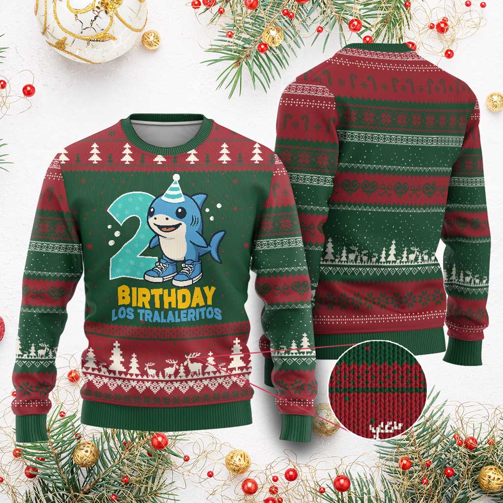 2 Years Old Birthday Brainrot Ugly Christmas Sweater Funny Tralalero Tralala Los Tralaleritos Meme Shark TS10 Red Green Print Your Wear