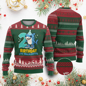 2 Years Old Birthday Brainrot Ugly Christmas Sweater Funny Tralalero Tralala Los Tralaleritos Meme Shark TS10 Red Green Print Your Wear