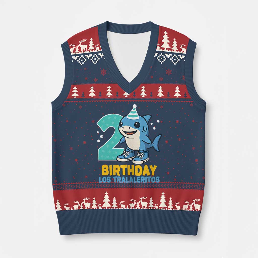 2 Years Old Birthday Brainrot V-Neck Knit Sweater Vest Funny Tralalero Tralala Los Tralaleritos Meme Shark TS10 Navy Red Print Your Wear