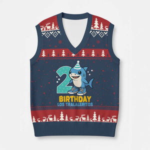 2 Years Old Birthday Brainrot V-Neck Knit Sweater Vest Funny Tralalero Tralala Los Tralaleritos Meme Shark TS10 Navy Red Print Your Wear