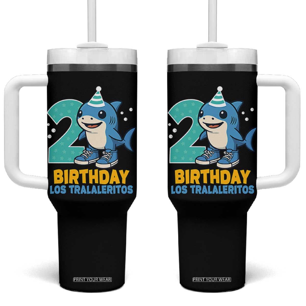 2 Years Old Birthday Brainrot Tumbler With Handle Funny Tralalero Tralala Los Tralaleritos Meme Shark TS10 One Size: 40 oz Black Print Your Wear