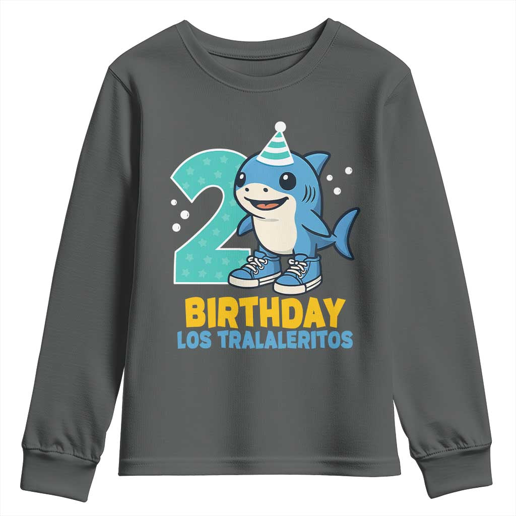 2 Years Old Birthday Brainrot Youth Sweatshirt Funny Tralalero Tralala Los Tralaleritos Meme Shark TS10 Dark Heather Print Your Wear