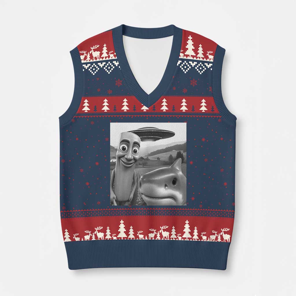 Funny Italian Brainrot Meme V-Neck Knit Sweater Vest Funny Tung Tung Tung Sahur Tralalero Tralala Selfie TS10 Navy Red Print Your Wear