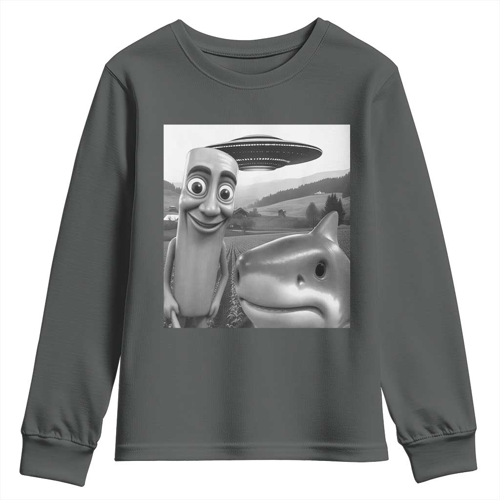 Funny Italian Brainrot Meme Youth Sweatshirt Funny Tung Tung Tung Sahur Tralalero Tralala Selfie TS10 Dark Heather Print Your Wear