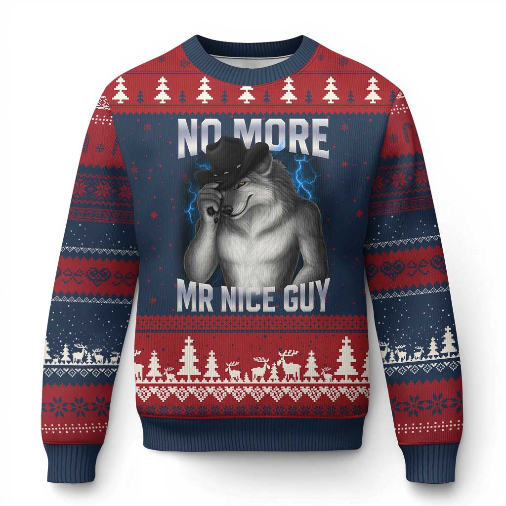 Funny Alpha Wolf Ugly Christmas Sweater No More Mr Nice Guy Unhinged Brainrot Meme Vintage Bootleg TS10 Navy Red Print Your Wear