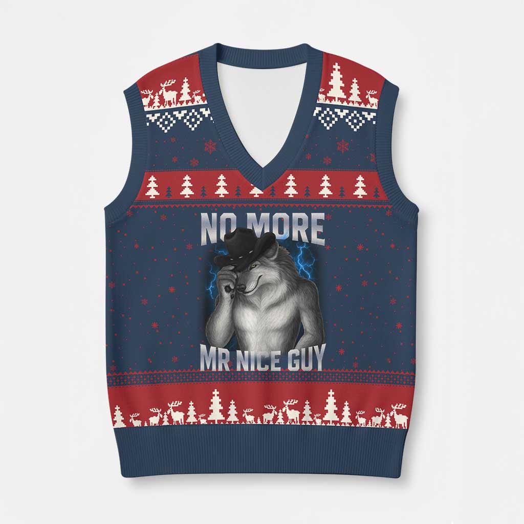 Funny Alpha Wolf V-Neck Knit Sweater Vest No More Mr Nice Guy Unhinged Brainrot Meme Vintage Bootleg TS10 Navy Red Print Your Wear