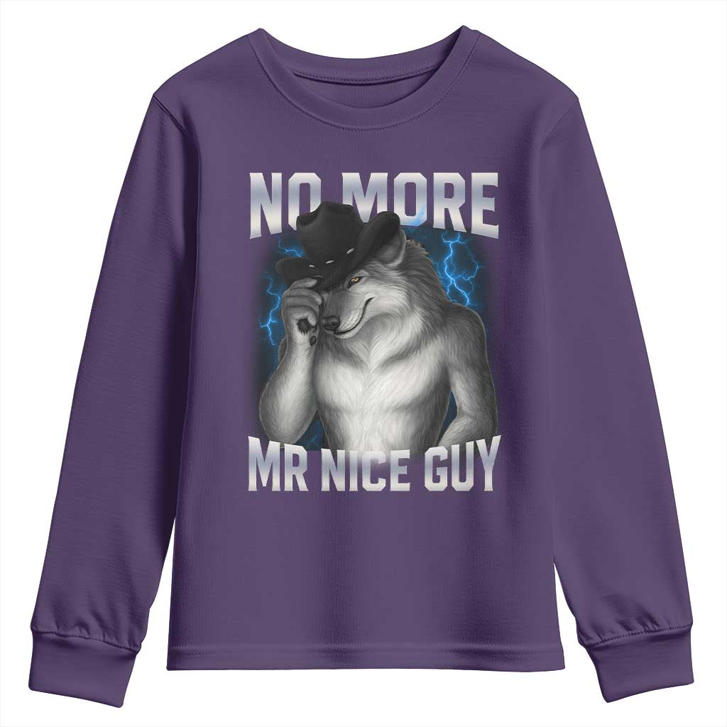 Funny Alpha Wolf Youth Sweatshirt No More Mr Nice Guy Unhinged Brainrot Meme Vintage Bootleg TS10 Purple Print Your Wear